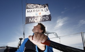 Onboard the MOD70 Race for Water, during a training session before the Marseille city race , skipper Steve Ravussin, Marseille, Bouches-du-RhÃ´ne, France.