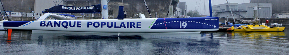 Loick Peyron onboard the Maxi Trimaran Solo Banque Populaire VII in preparation for "La Route du Rhum".