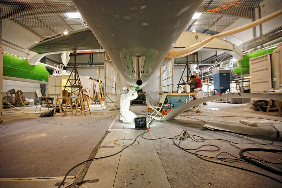 At the BSM, Lorient where the Ultime Class 100' VPLP designed trimaran Sodebo is refit.