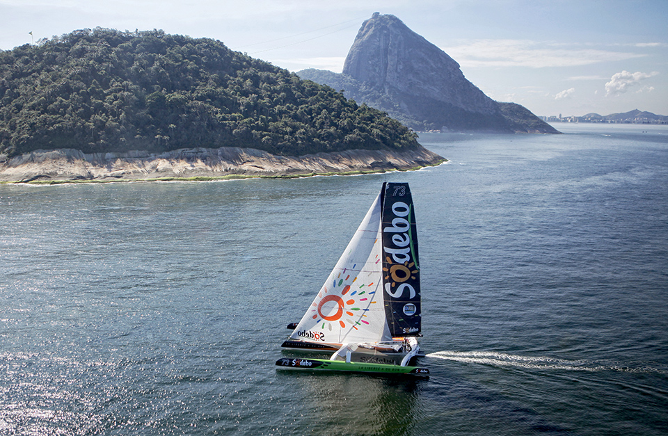The Ultime Class 100' VPLP designed trimaran Sodebo and the Sailing Team in Rio de Janeiro, Brazil.