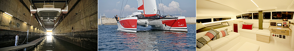 The TS42 Imagine Catamaran Design by Christophe Barreau and built by Marsaudon Composites, Lorient, Morbihan, France.